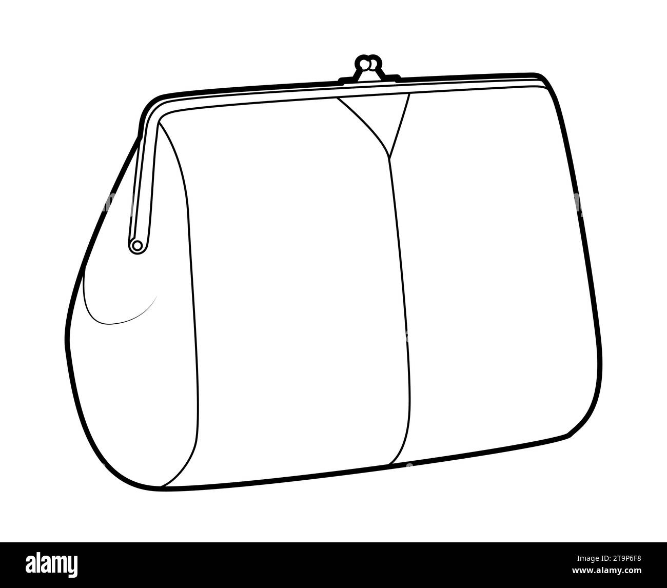 Borsa con pochette e silhouette KISS Lock. Illustrazione tecnica degli accessori moda. Borsa a mano vettoriale frontale vista a 3-4° per uomo, donna, unisex, borsetta piatta con disegno CAD isolato Illustrazione Vettoriale