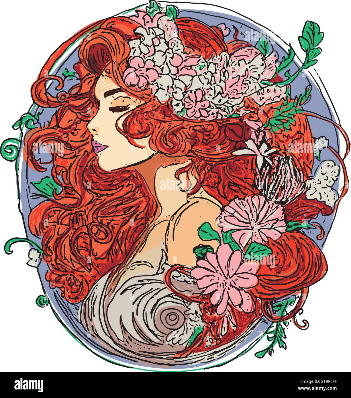 Vettore disegnato a mano di una donna con lunghi capelli rossi, fiori, composizione ovale Illustrazione Vettoriale
