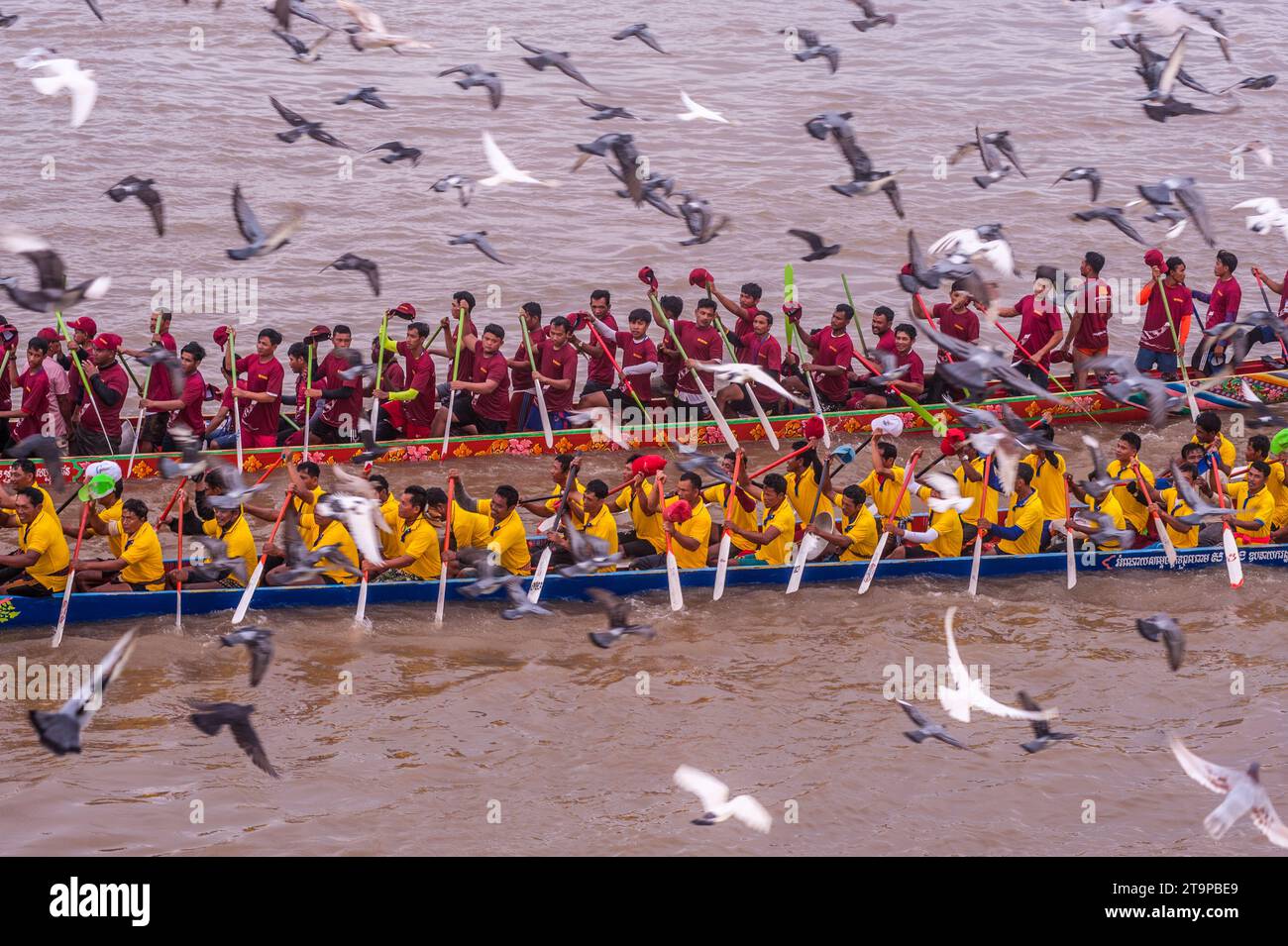 Phnom Penh celebra Bon Om Touk, il festival dell'acqua cambogiano, le gare di draghi sul fiume Tonle SAP, l'oscuramento e il gregge di piccioni. © Kraig Lieb Foto Stock