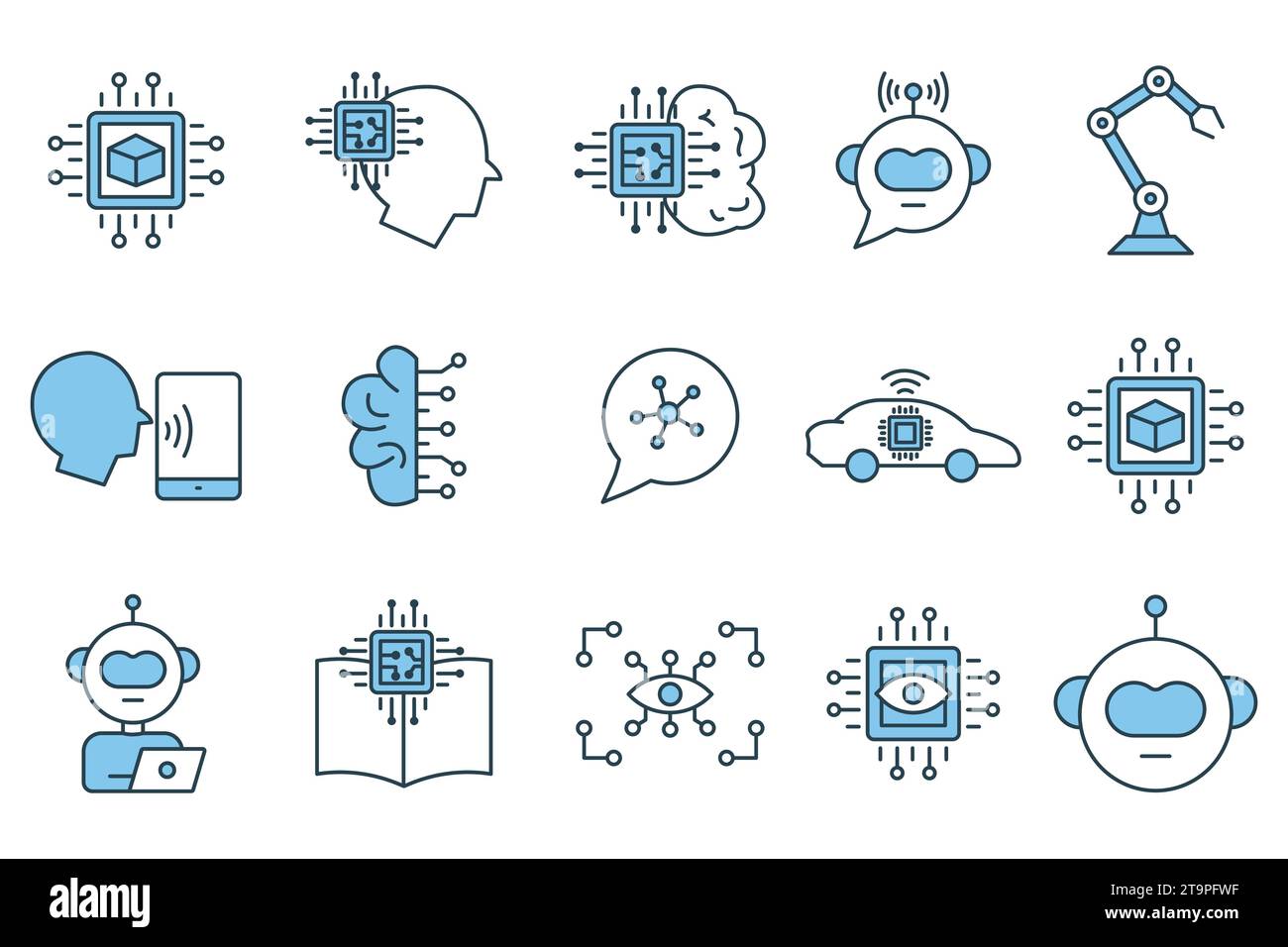 set di icone dell'intelligenza artificiale. testa robot, cervello ai, braccio robot, visione artificiale, big data, assistente ai, apprendimento approfondito, ecc. icona linea piatta stile d Illustrazione Vettoriale