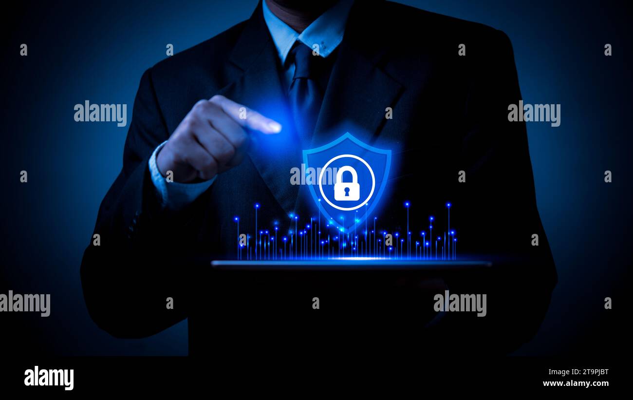 sistemi di sicurezza della rete, protezione dei dati personali sui tablet e gamma di servizi connessi alle tecnologie di sicurezza informatica e informatica. Foto Stock