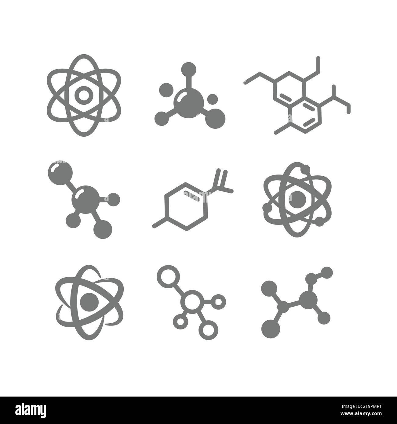 Insieme di icone atomi e molecole, legami e struttura. Cella molecolare, linea atomica e glifo, icone di tratto modificabili. Illustrazione Vettoriale