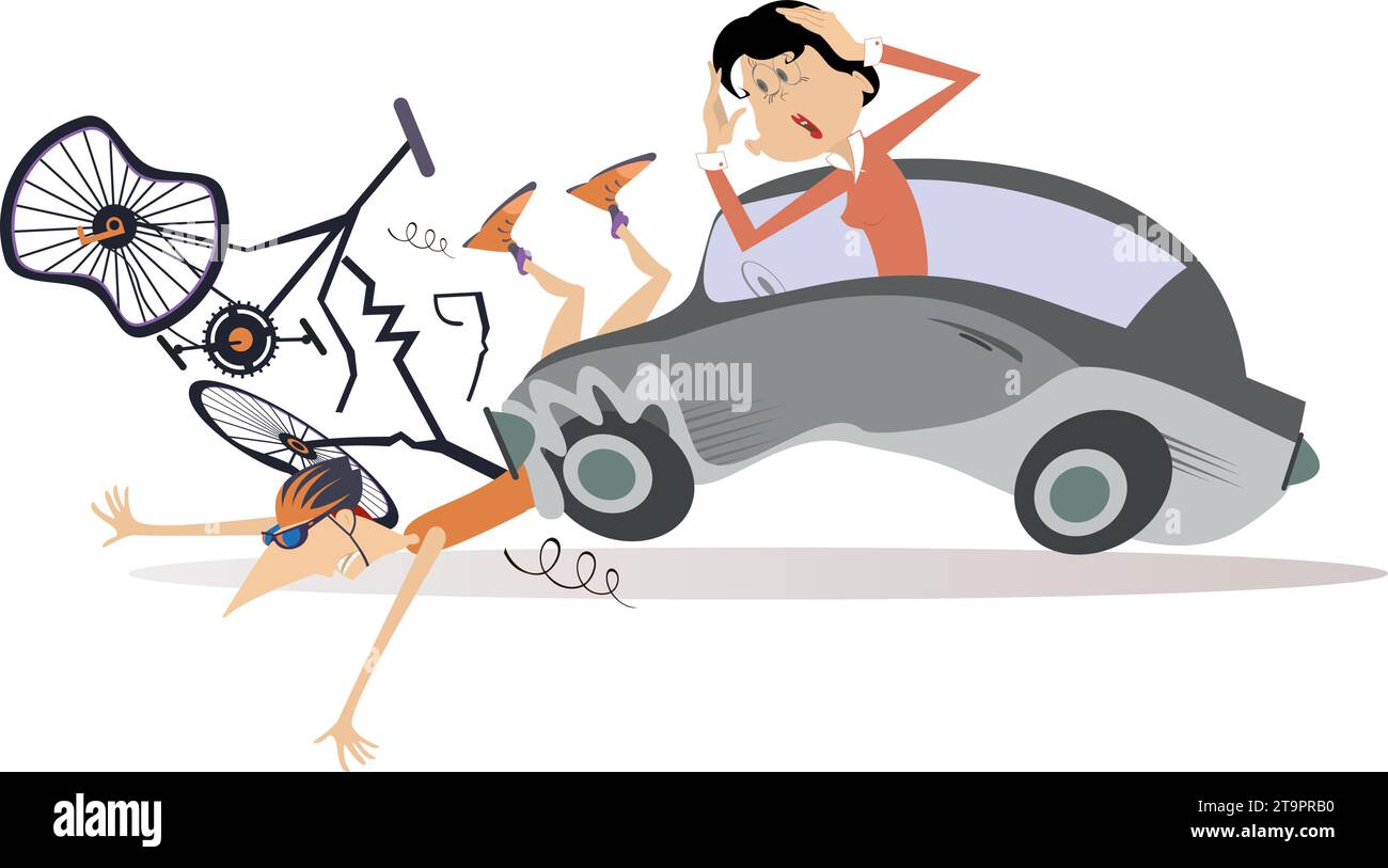 Incidente stradale. Incidente in bicicletta - collisioni con l'auto. Un'auto guidata da una donna colpisce un ciclista. Collisione stradale con ciclista coinvolto Illustrazione Vettoriale
