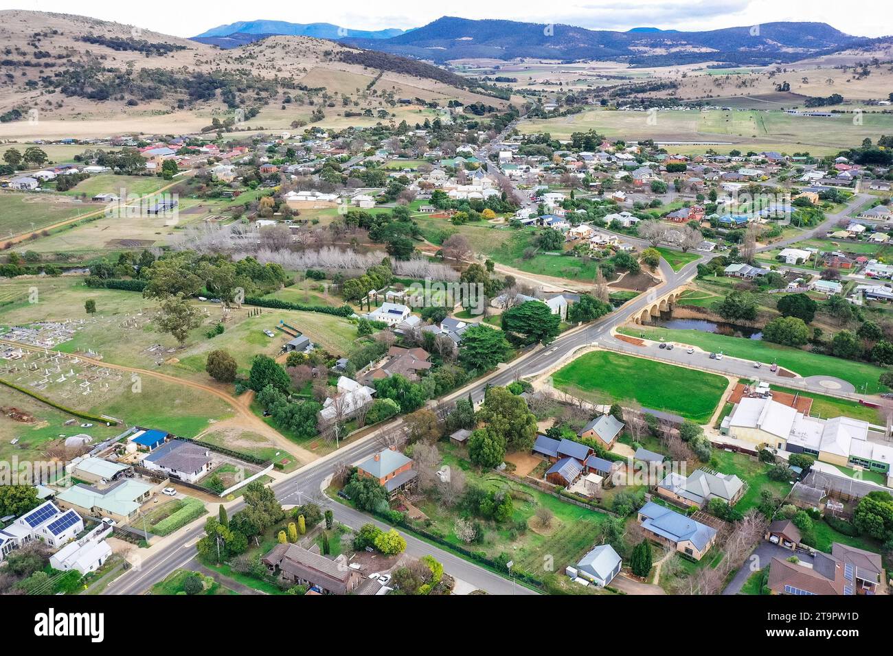 Vista aerea dello storico villaggio di Richmond vicino a Hobart in Tasmania, Australia Foto Stock