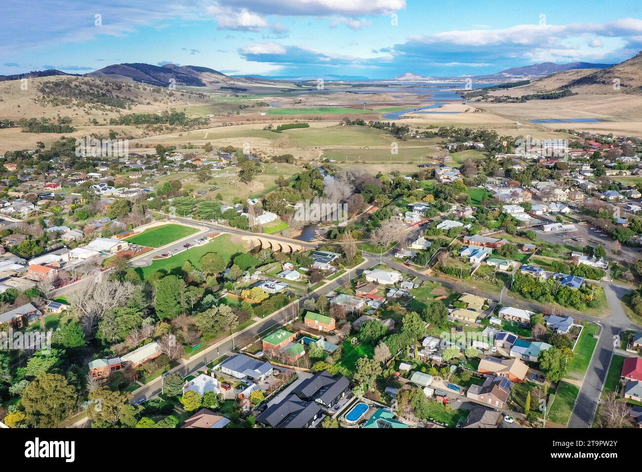 Vista aerea dello storico villaggio di Richmond vicino a Hobart in Tasmania, Australia Foto Stock
