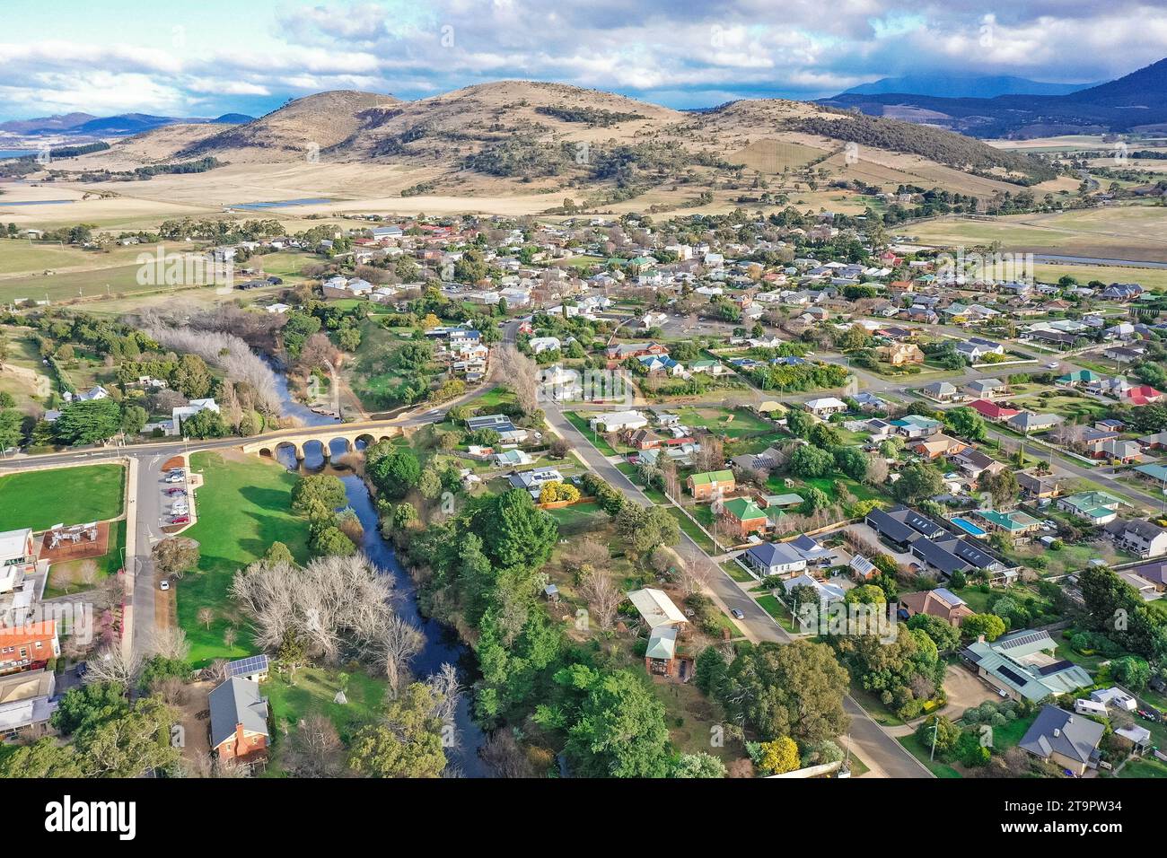 Vista aerea dello storico villaggio di Richmond vicino a Hobart in Tasmania, Australia Foto Stock