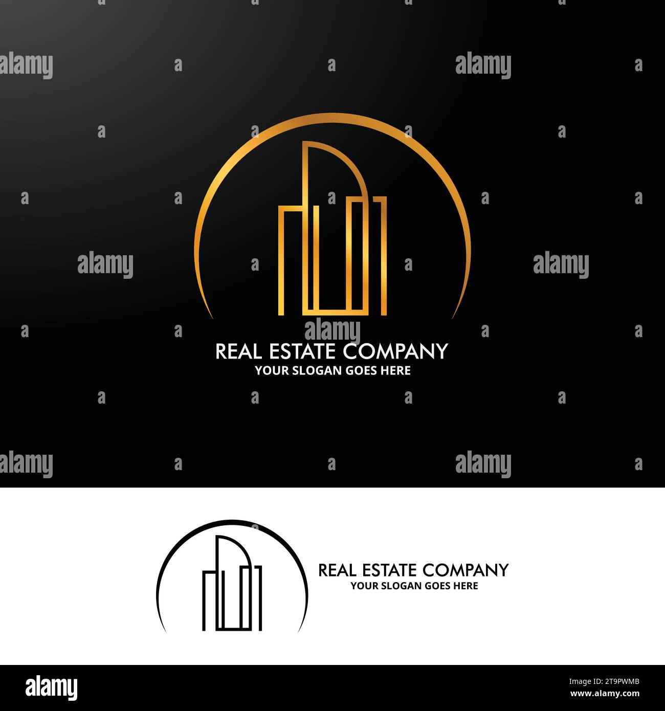 Modello con logo vettoriale Gold per edifici immobiliari di lusso. Immobiliare elegante, edificio, Appartamento, Palazzo, Logo di architettura. Produzione Art Deco Rich Premium Illustrazione Vettoriale