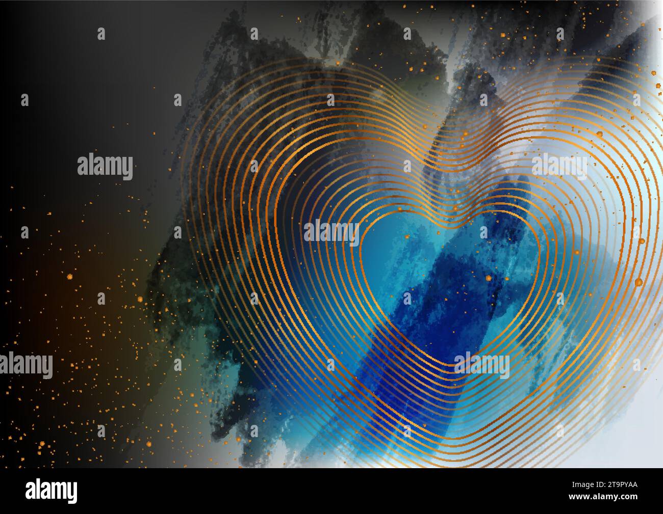 Cuori dorati e macchie di acquerello grunge sullo sfondo astratto. Design del biglietto d'auguri di San Valentino. Illustrazione vettoriale Illustrazione Vettoriale