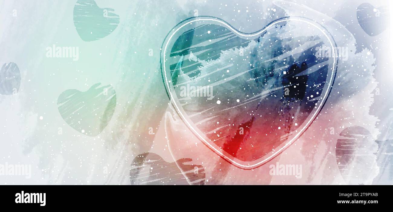 Cuori rossi e blu e macchie di acquerello grunge sullo sfondo astratto. Design del biglietto d'auguri di San Valentino. Illustrazione vettoriale Illustrazione Vettoriale