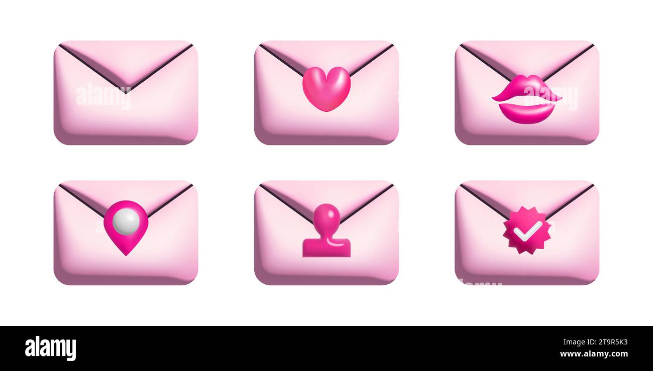 le icone rosa 3d delle buste di posta elettronica consentono di impostare un'illustrazione vettoriale. Illustrazione Vettoriale
