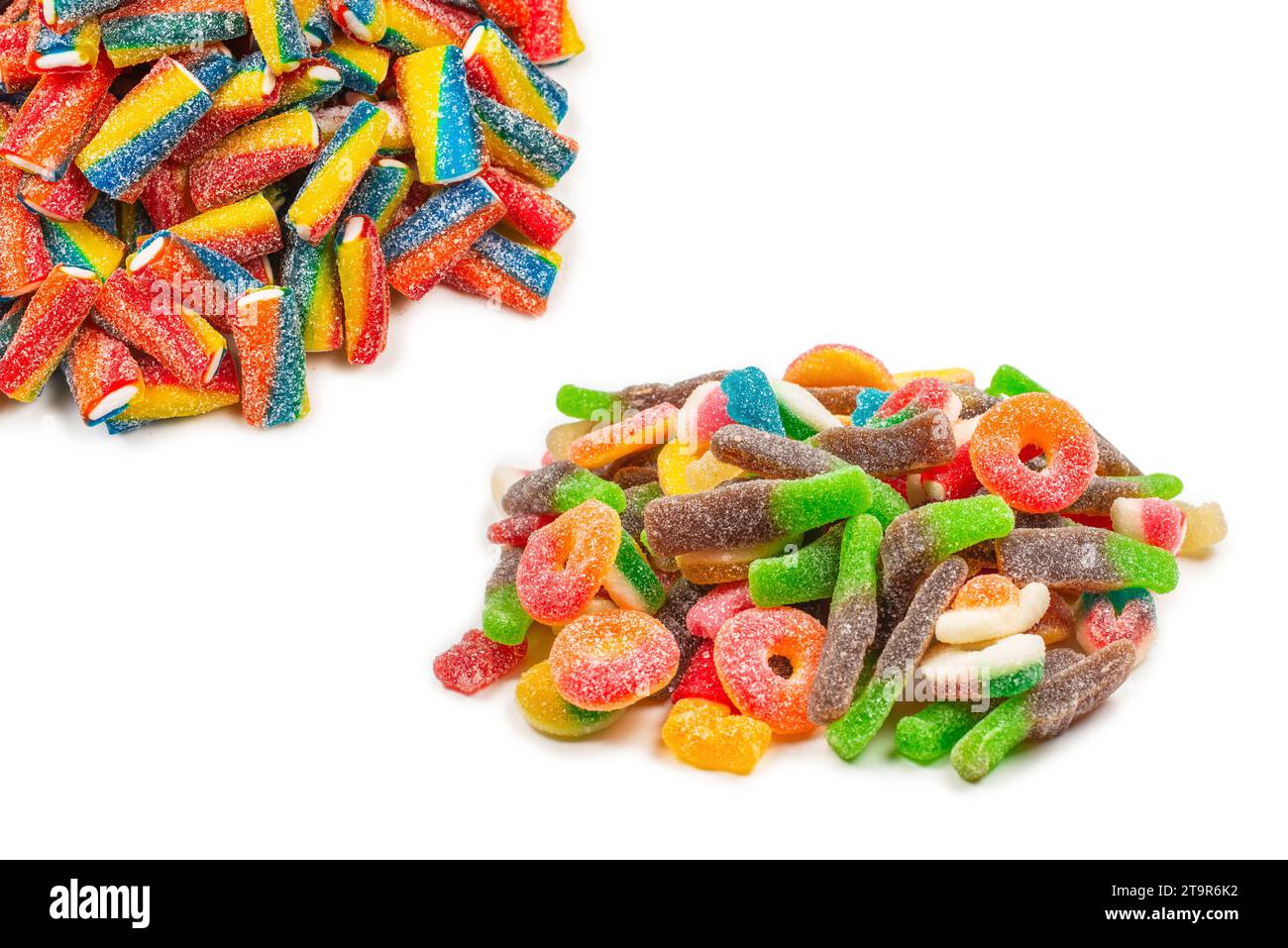 Tubi colorati, caramelle in gelatina. Vista dall'alto. Foto Stock