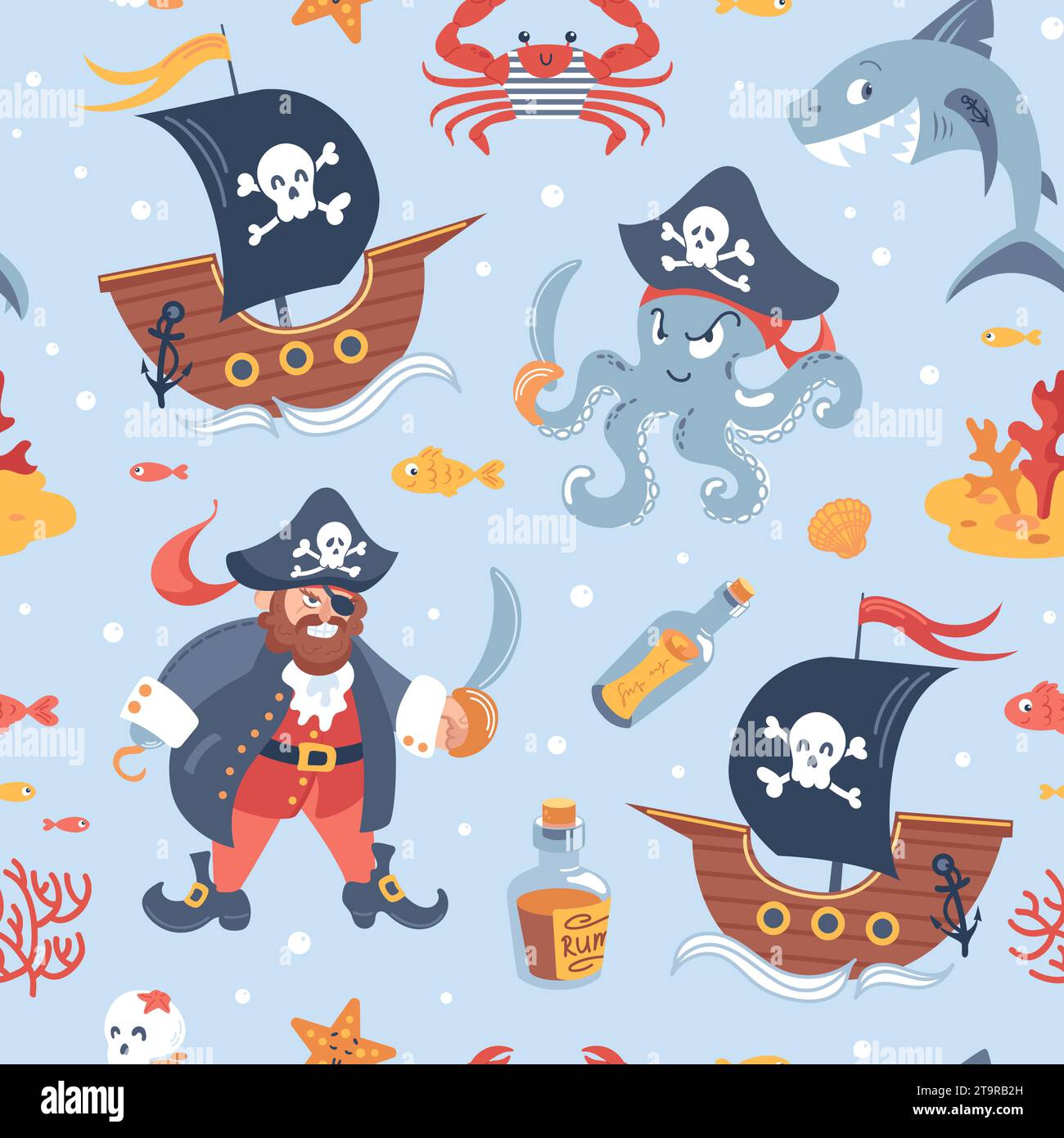 Modello pirata per bambini senza cuciture. Personaggi dei cartoni animati. Capitano Corsair con gancio e cappello a cocco, squalo, nave e polpo, granchio in gilet, teschio, starfis Illustrazione Vettoriale