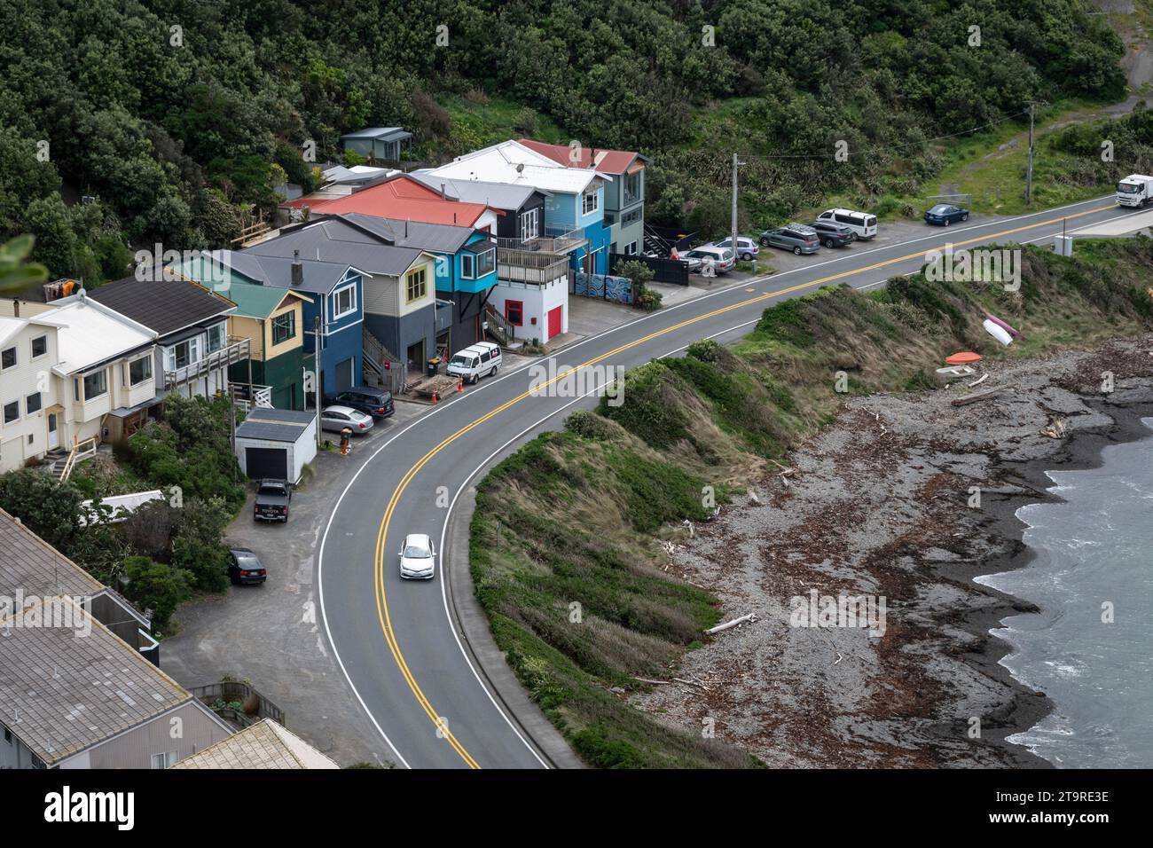 Case e strada accanto alla spiaggia, Breaker Bay, Wellington, North Island, nuova Zelanda Foto Stock