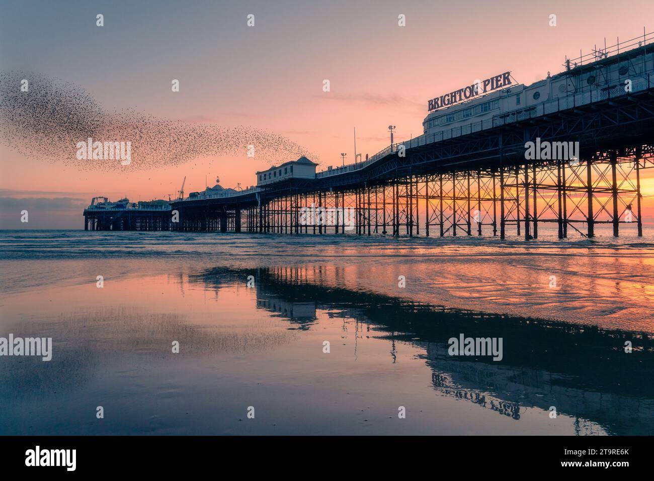 Il molo di Brighton Palace, l'East Sussex, le vedute ICONICHE della Gran Bretagna, nel Regno Unito, possono essere viste nelle immagini che le mostrano riflesse in una splendida acqua morta. Una delle immagini Foto Stock