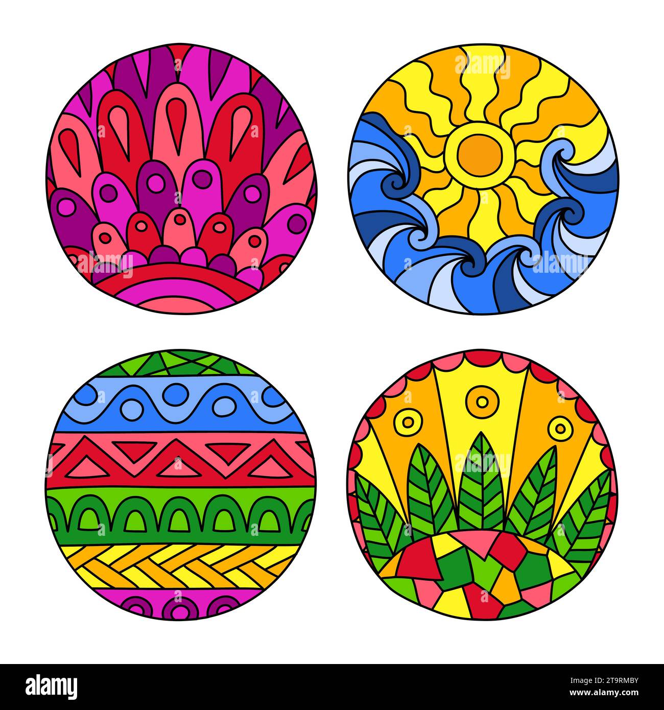 Set di cerchi riempiti con doodle. Elementi grafici isolati disegnati a mano. Mandala boho e di stile etnico. Colori brillanti. Arte decorativa per biglietti di compleanno, sposo Illustrazione Vettoriale