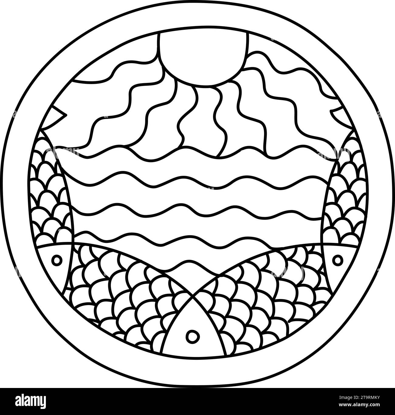 Pagina colorata rotonda riempita di motivi di doodle disegnati a mano in un cerchio, isolato su sfondo bianco. Illustrazione vettoriale Illustrazione Vettoriale