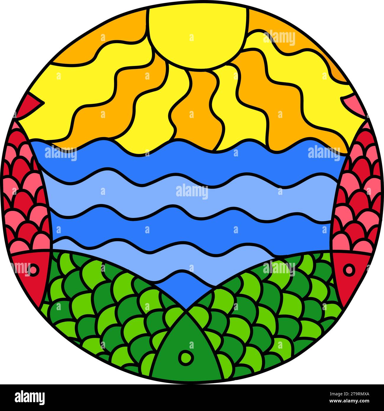 Pagina colorata rotonda riempita di motivi di doodle disegnati a mano in un cerchio, isolato su sfondo bianco. Illustrazione vettoriale Illustrazione Vettoriale