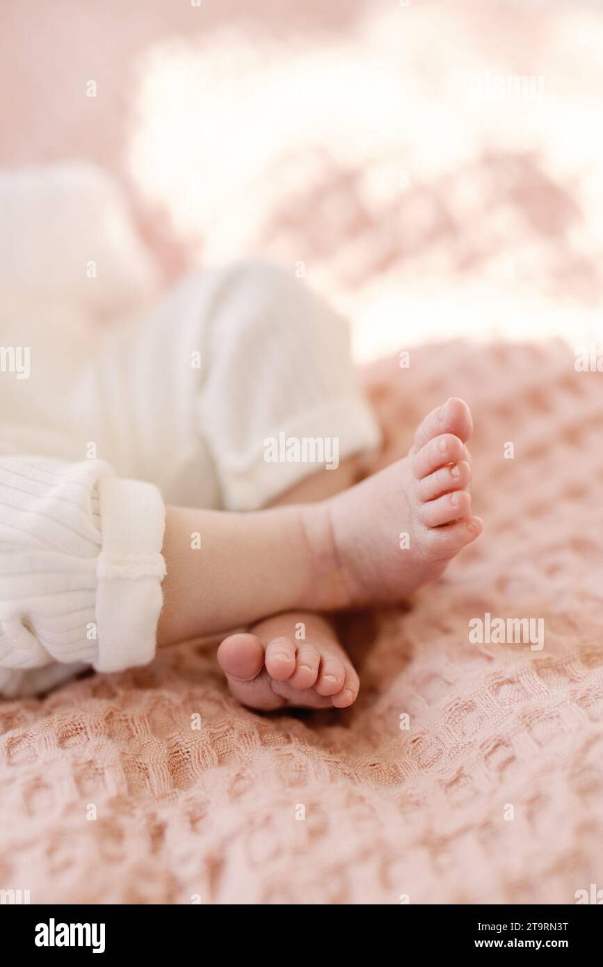 Primo piano dei piedi della neonata su una coperta rosa Foto Stock