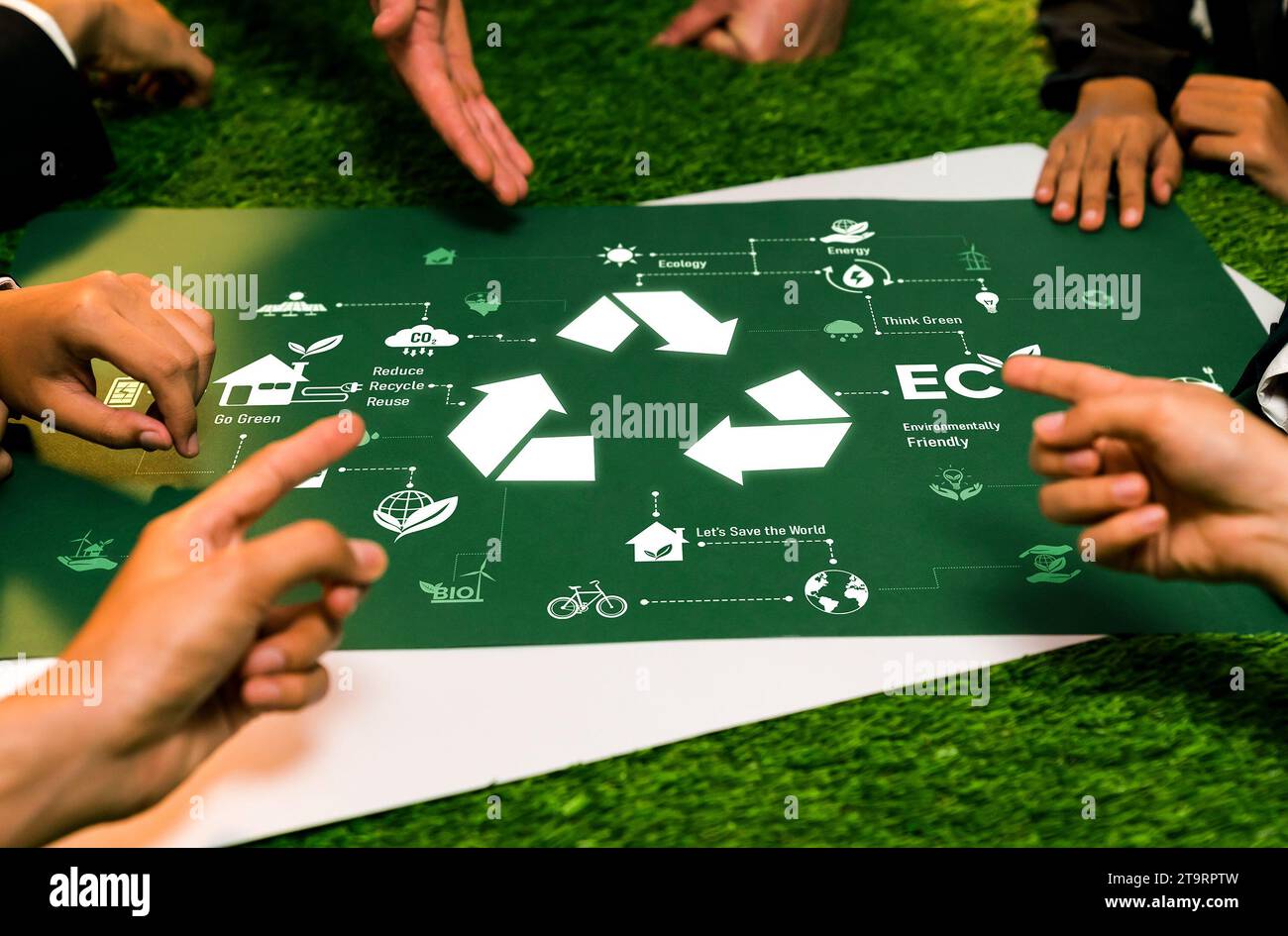 Incontro del progetto di investimento ESG con i leader aziendali che discutono del progetto di riciclaggio per salvare la Terra con tecnologie di riciclaggio e utilizzo sostenibili Foto Stock