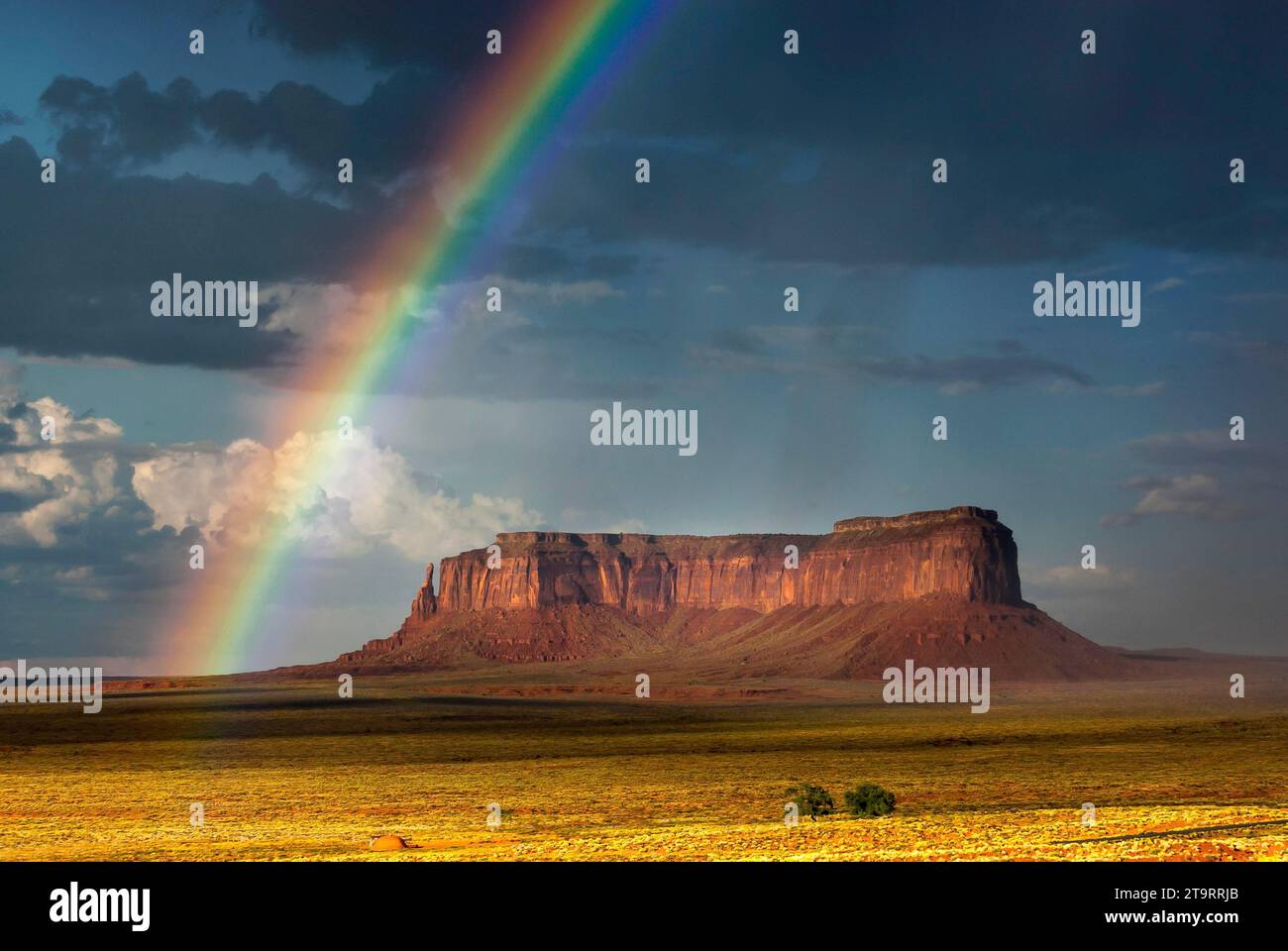 Arcobaleno a Monument Valley, cielo nuvoloso, nuvola, cielo, ovest, west, Utah, USA Foto Stock