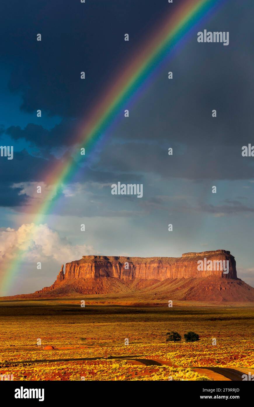 Arcobaleno a Monument Valley, cielo nuvoloso, nuvola, cielo, ovest, ovest, Arizona, Stati Uniti Foto Stock