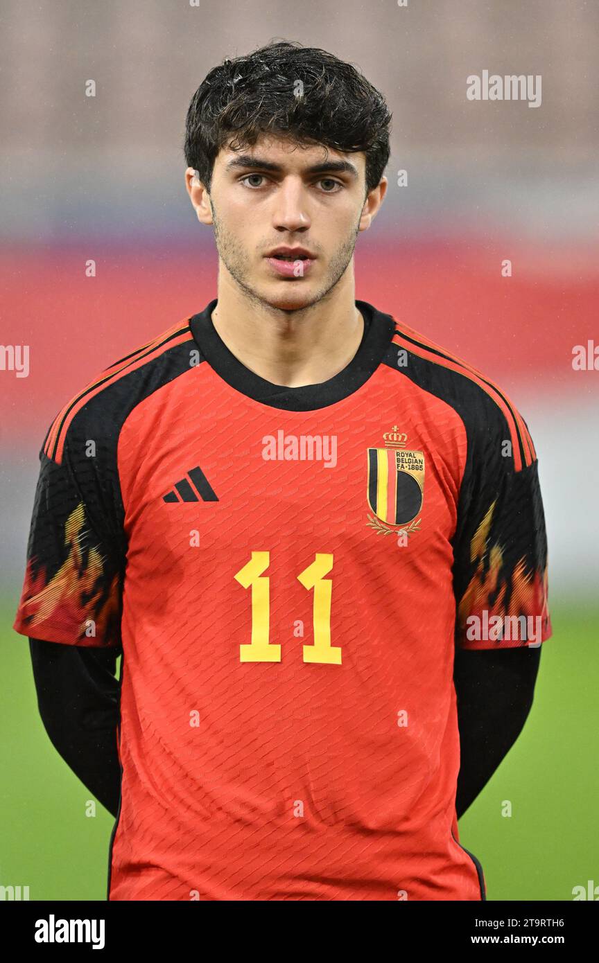 Lovanio, Belgio. 21 novembre 2023. Luca Oyen (11) del Belgio raffigurato durante una partita di calcio tra le nazionali Under 21 del Belgio e della Spagna nella 5 a giornata del gruppo B nelle qualificazioni del Campionato EUFA Under 21, martedì 21 novembre 2023 a Lovanio, Belgio . (foto di David Catry/Isosport) credito: Sportpix/Alamy Live News Foto Stock