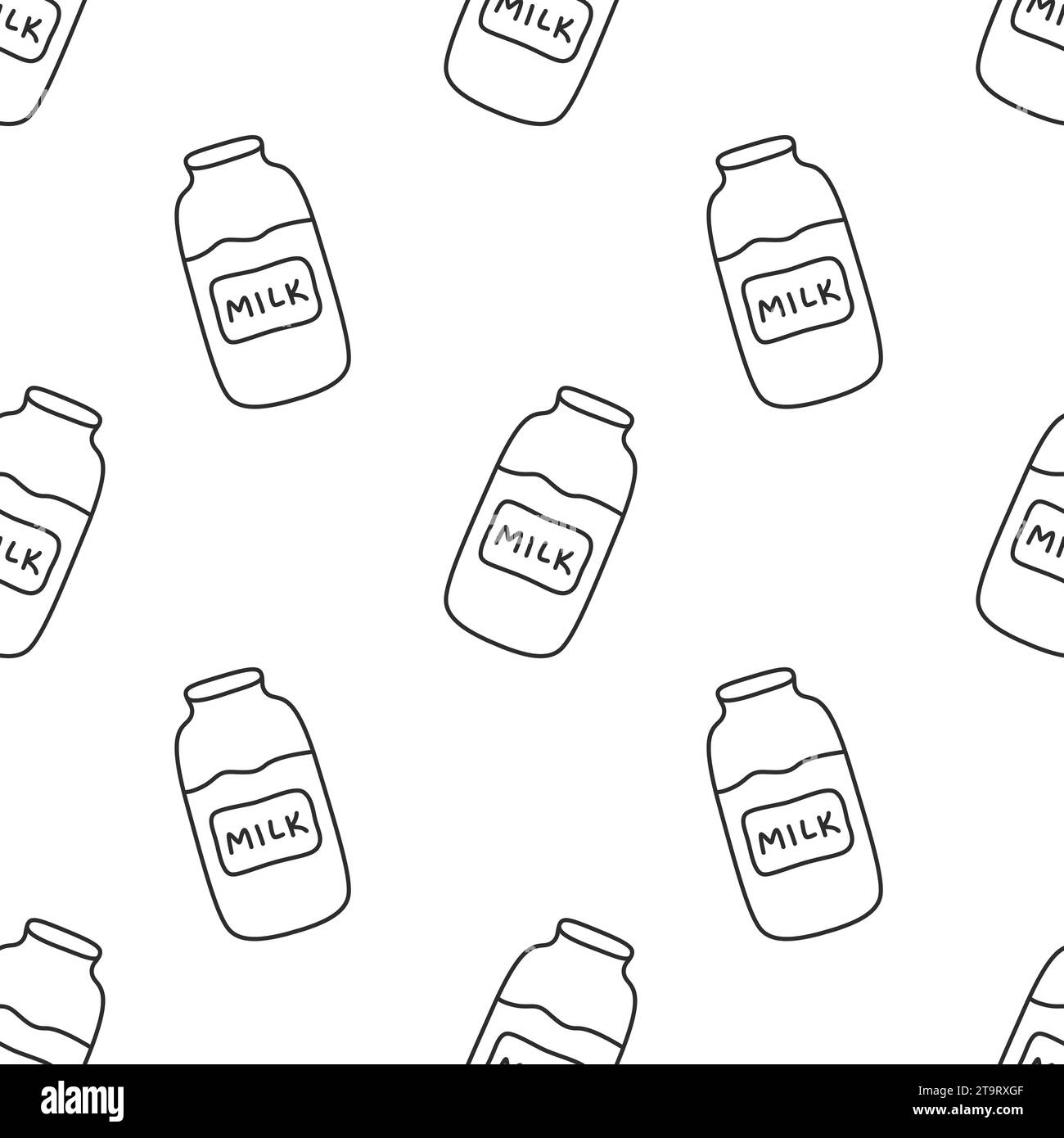 Biberon con contorno nero isolati su sfondo bianco. Motivo senza cuciture. Illustrazione Vettoriale