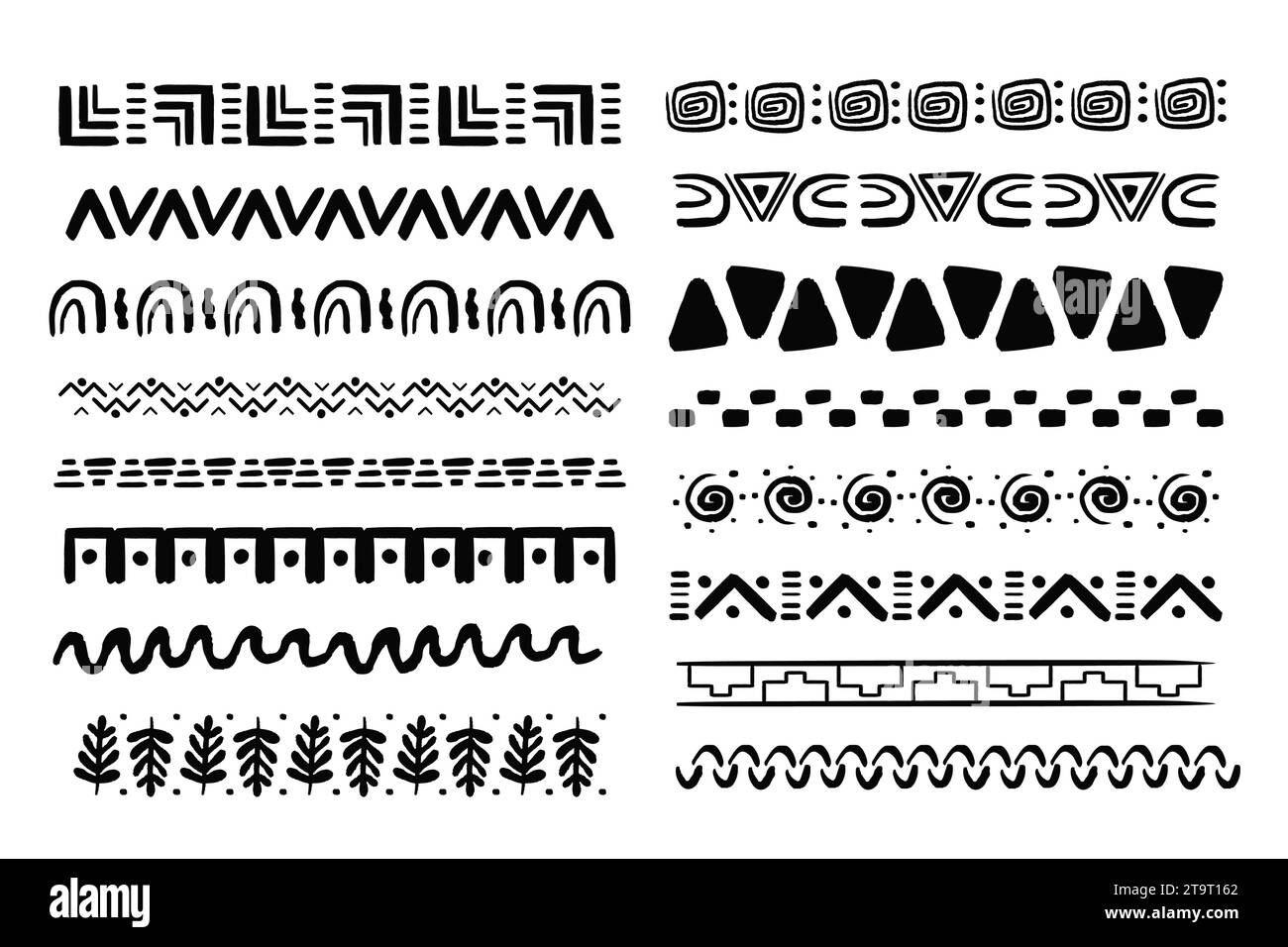 Imposta il bordo del motivo tribale africano in stile doodle disegnato a mano da forme geometriche isolate su sfondo bianco. boho scandinavian srtoke, tradizionale decor nativo. Illustrazione vettoriale Illustrazione Vettoriale