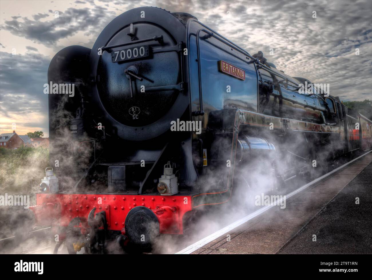 Britannia alla Bishop's Lydeard Station sulla West Somerset Railway. Foto Stock