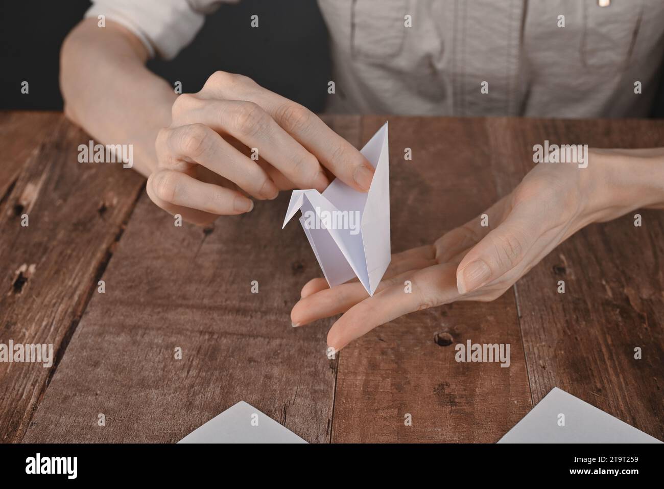 le mani di una donna anziana piegano carta origami. Creazione di una gru per carta origami, primo piano Foto Stock