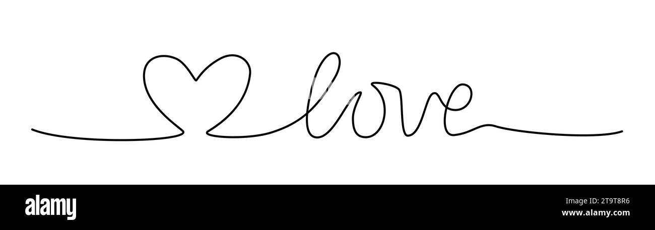 Doodle cuore e parola AMORE mano scritto con linea sottile, divisore forma stile scricbble. Isolato su sfondo bianco. Illustrazione vettoriale Illustrazione Vettoriale