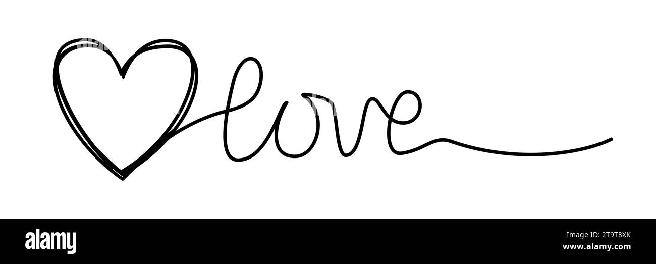 Doodle cuore e parola AMORE mano scritto con linea sottile, divisore forma stile scricbble. Isolato su sfondo bianco. Illustrazione vettoriale Illustrazione Vettoriale