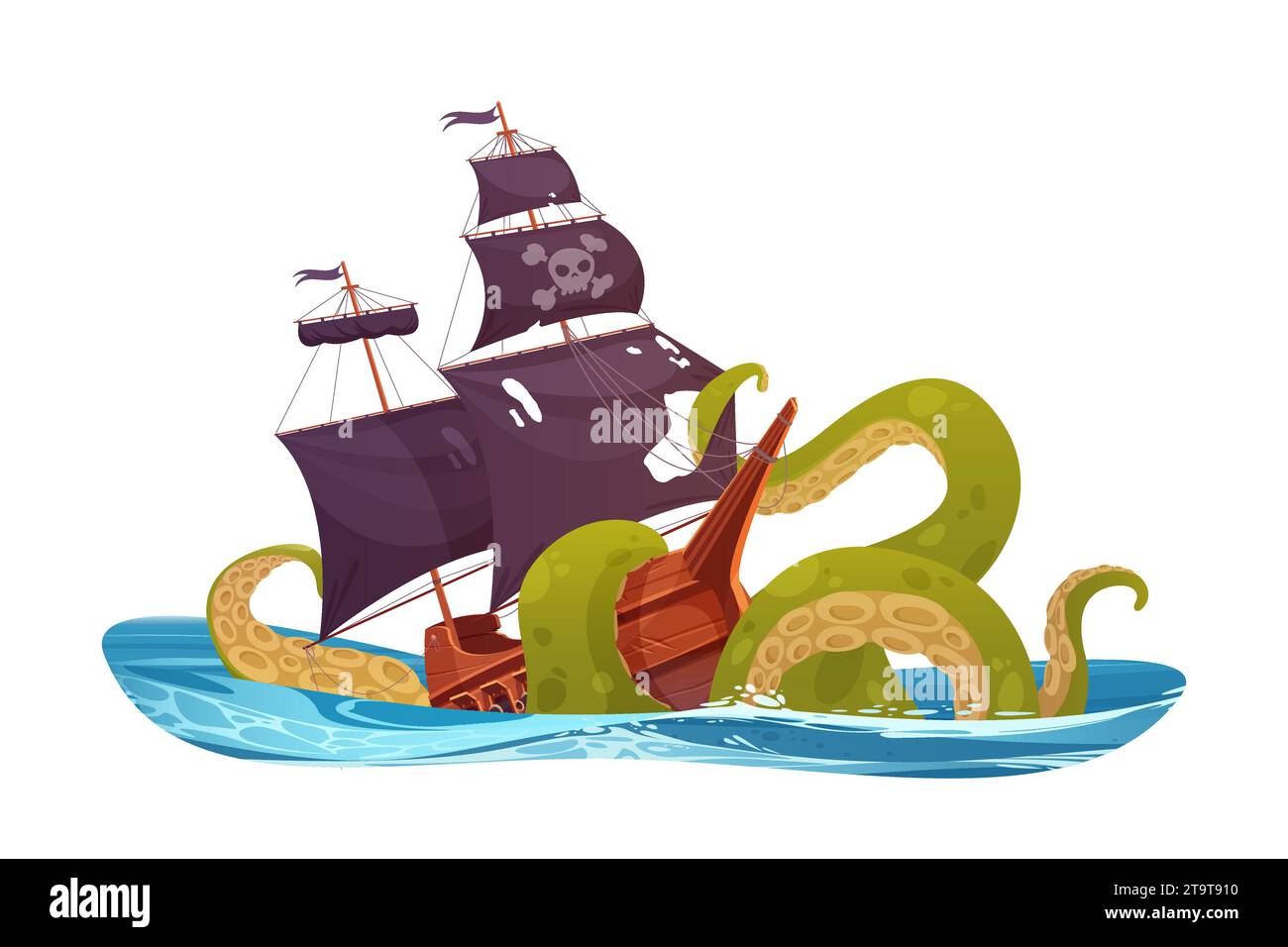 Tentacoli di polpo affondano la nave pirata nell'illustrazione vettoriale delle onde oceaniche o marine. Cartone animato scena di relitti fantasy isolati con kraken o Perilous gian Illustrazione Vettoriale