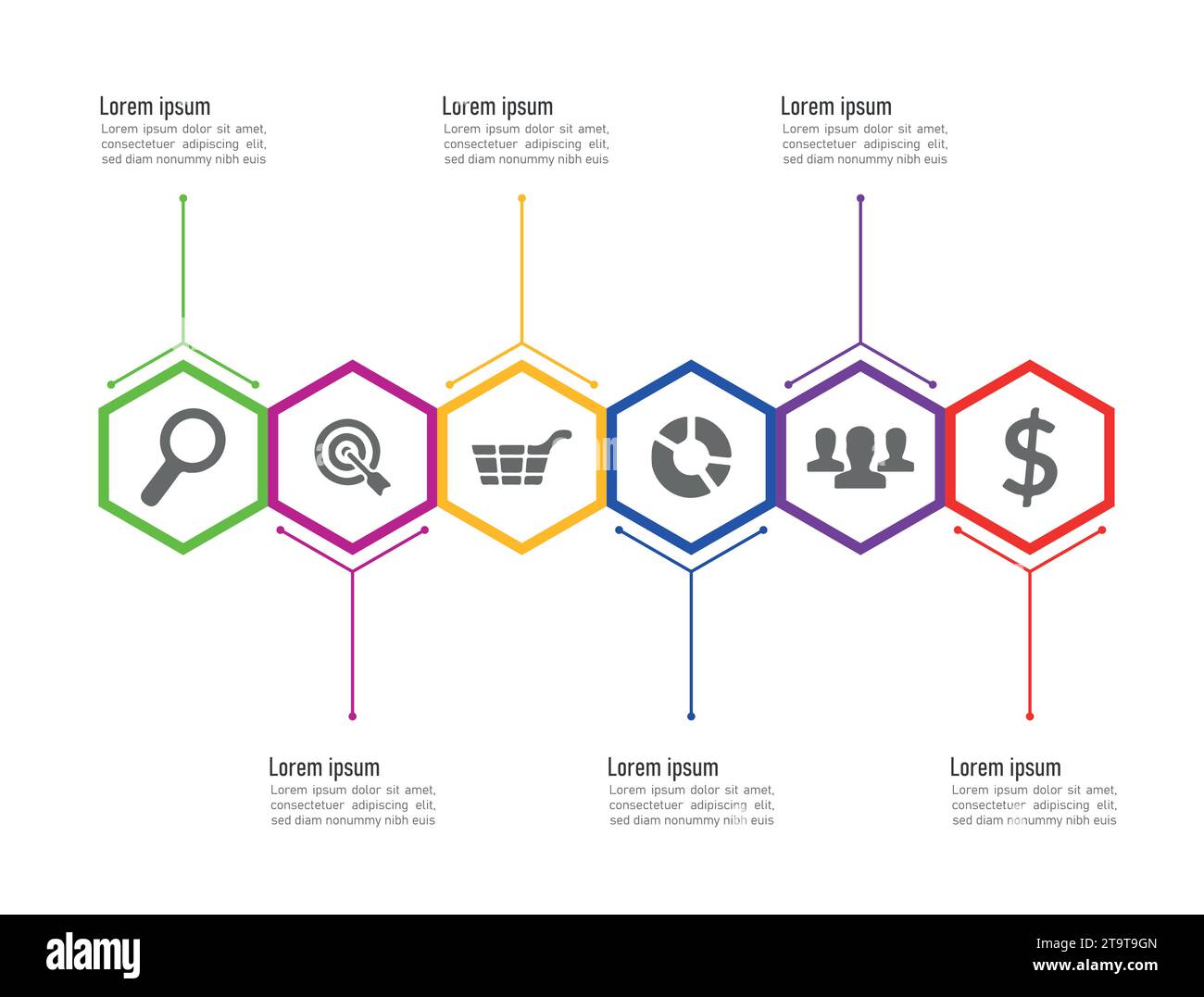 Le icone di marketing e vettoriali di progettazione infografica possono essere utilizzate per il layout del flusso di lavoro, il diagramma e il report annuale. Concetto aziendale con 3, 4, 5; 6, 7 e 8 fasi. Illustrazione Vettoriale
