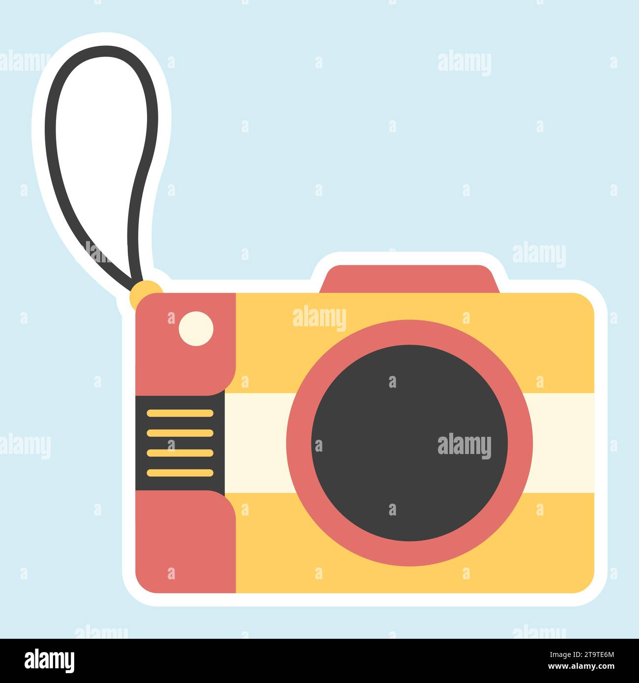 Illustrazione di stile piatto della fotocamera isolata su sfondo blu per un concetto di design per le vacanze Illustrazione Vettoriale