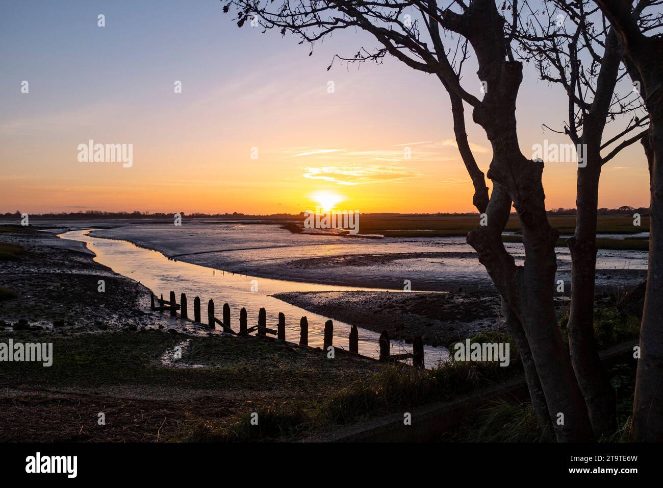 Tramonto alla riserva naturale di Pagham Harbour RSPB con bassa marea in autunno pomeriggio, West Sussex, Inghilterra Regno Unito Foto Stock Tramonto alla riserva naturale di Pagham Harbour RSPB con bassa marea in autunno pomeriggio, West Sussex, Inghilterra Regno Unito Foto Stock