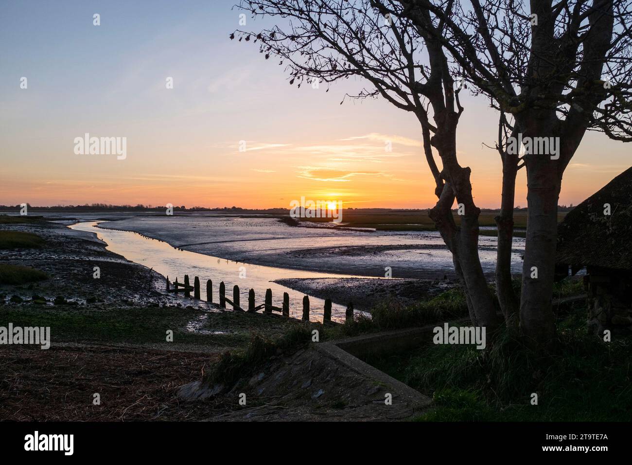Tramonto alla riserva naturale di Pagham Harbour RSPB con bassa marea in autunno pomeriggio, West Sussex, Inghilterra Regno Unito Foto Stock Tramonto alla riserva naturale di Pagham Harbour RSPB con bassa marea in autunno pomeriggio, West Sussex, Inghilterra Regno Unito Foto Stock