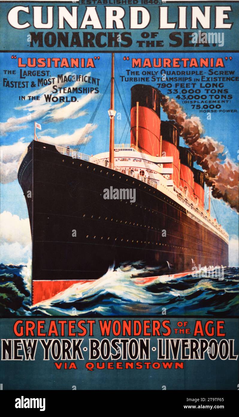 Pubblicità vintage, pubblicità, pubblicità o poster per navi a vapore passeggeri Cunard Line RMS Lusitania (1906-15) e RMS Mauretania (1906-34)1907 Foto Stock