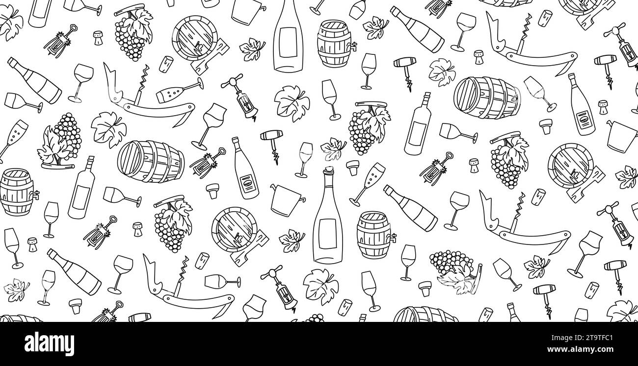 elementi enologici disegnati a mano, set di icone per disegni vettoriali e doodle. Illustrazione Vettoriale