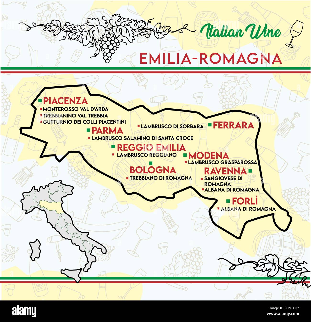 Carta dei vini tipici dell'Emilia Romagna, Italia. illustrazione vettoriale Illustrazione Vettoriale