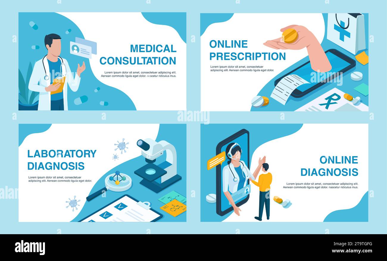 Assistenza sanitaria online, consulenza medica, farmacia e concetto di diagnostica. Illustrazione Vettoriale