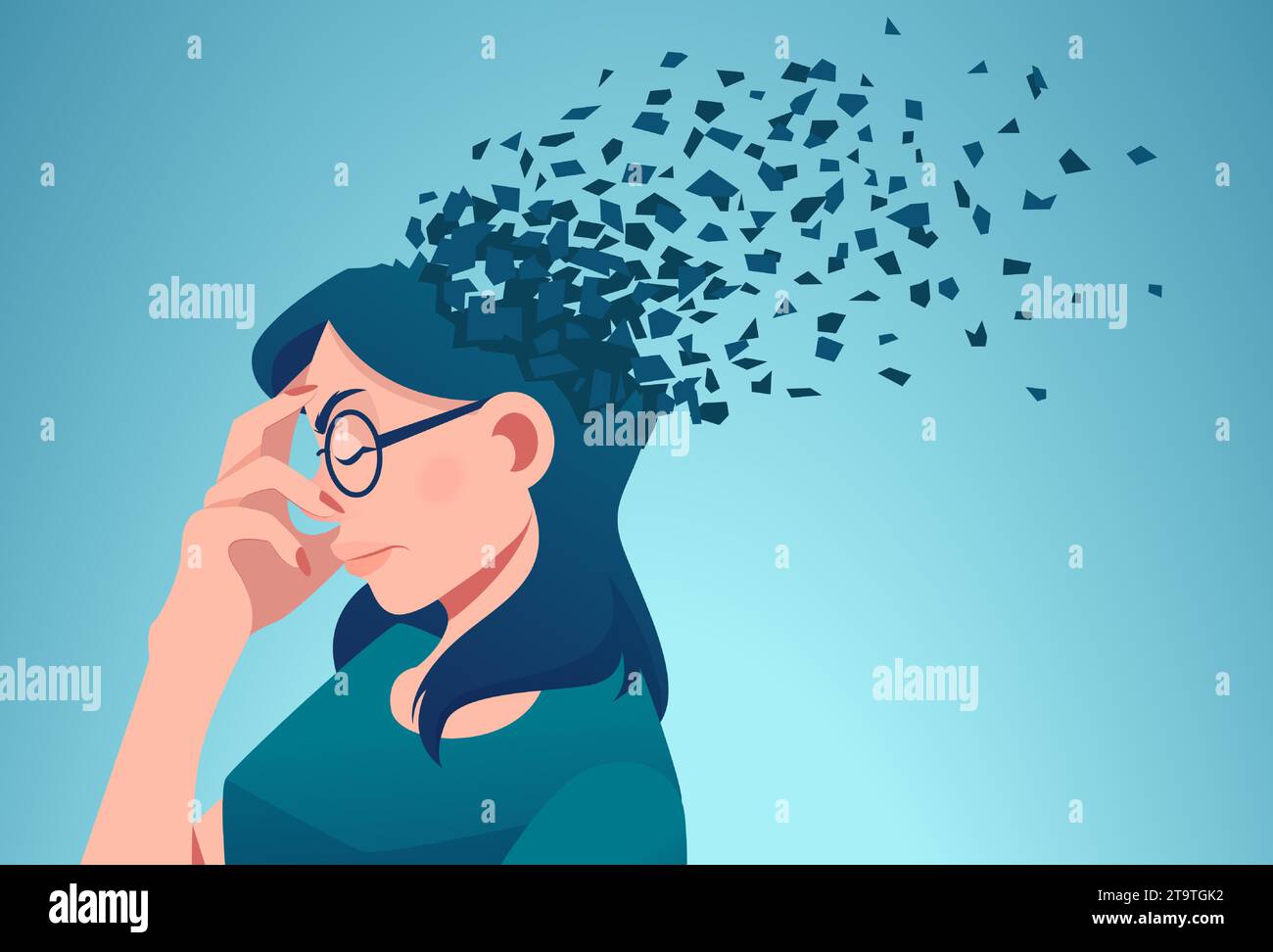 Perdita di memoria dovuta a demenza o danno cerebrale. Vettore di una donna che perde parti della testa come simbolo della funzione mentale ridotta. Illustrazione Vettoriale