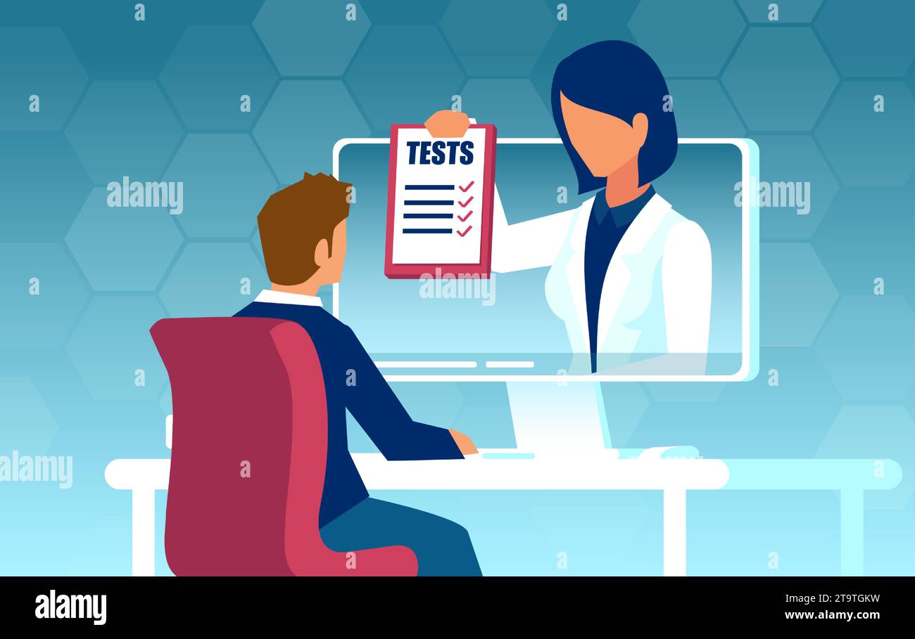 Consultazione medica online e rapporto di test di laboratorio. Vettore di un medico che dà consigli a un paziente uomo su piattaforma ospedale web Illustrazione Vettoriale