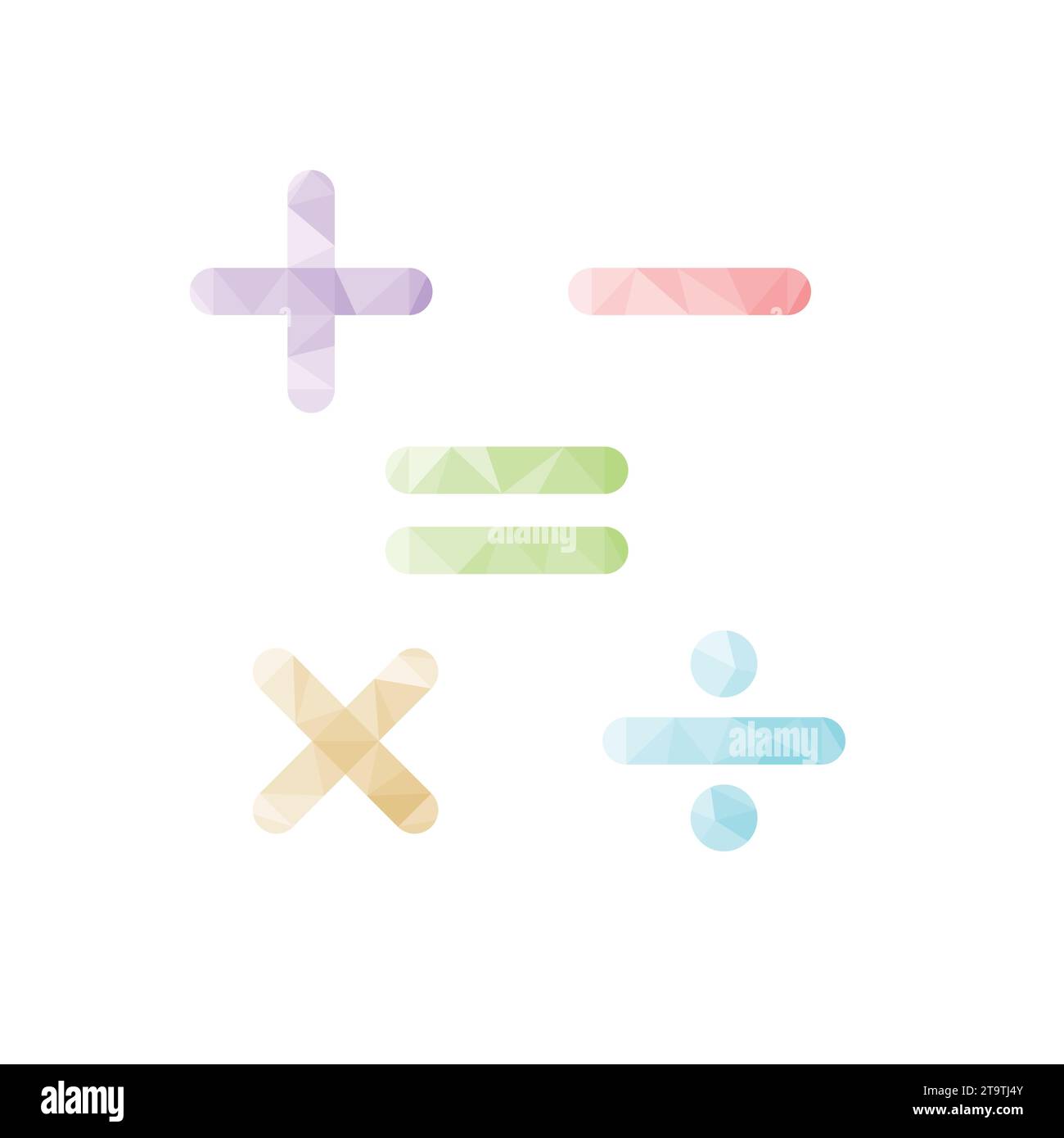 Icona aritmetica poligonale su sfondo bianco. Aggiunta, sottrazione, moltiplicazione, divisione e segno di uguaglianza Illustrazione Vettoriale