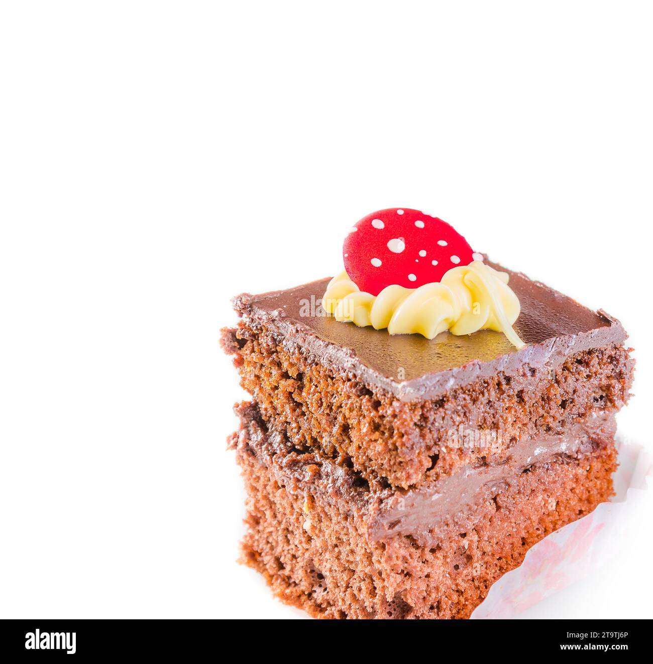 deliziosa fetta di torta al cioccolato con panna e caramelle zuccherate su sfondo bianco Foto Stock