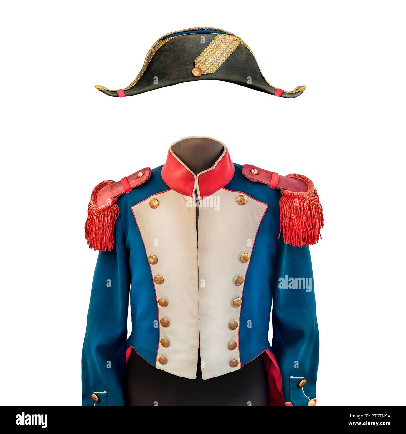 Costume Napoleone d'epoca con cappello isolato su sfondo bianco Foto Stock