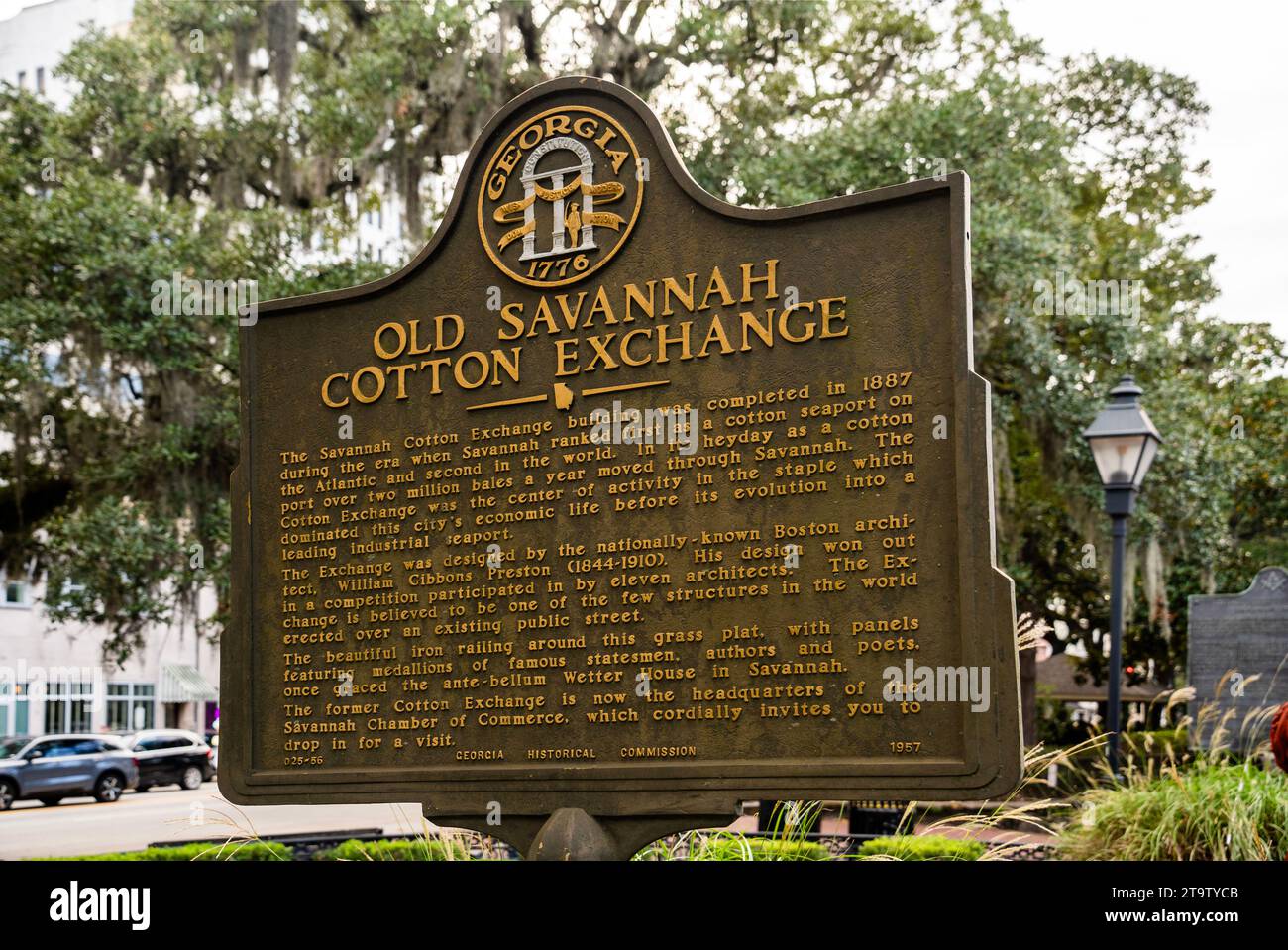 Vecchia targa di Savannah Cotton Exchange nel quartiere storico nord di Savannah, Georgia Foto Stock