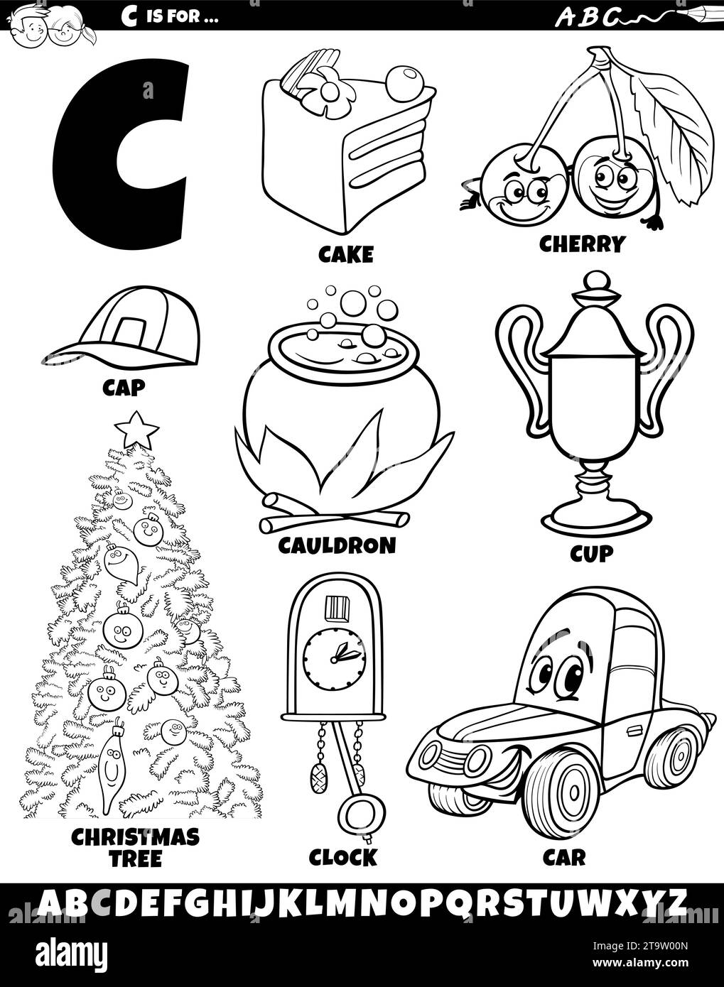 Illustrazione di cartoni animati di oggetti e caratteri impostati per la pagina di colorazione della lettera C. Illustrazione Vettoriale