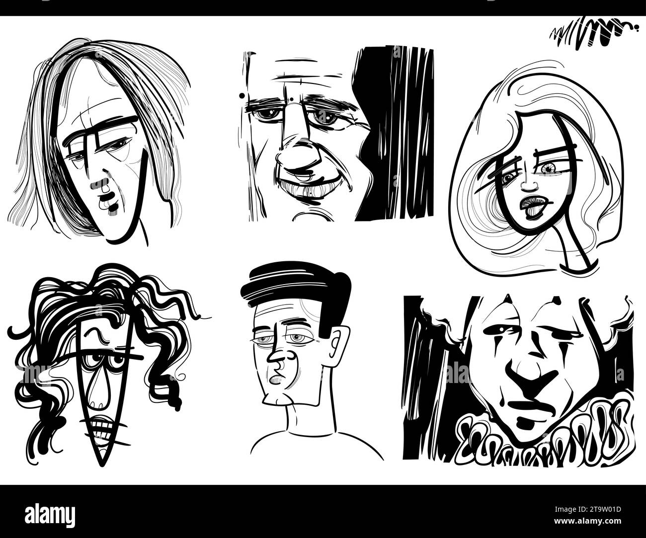 illustrazione di cartoni animati in bianco e nero di personaggi caricature o ritratti Illustrazione Vettoriale