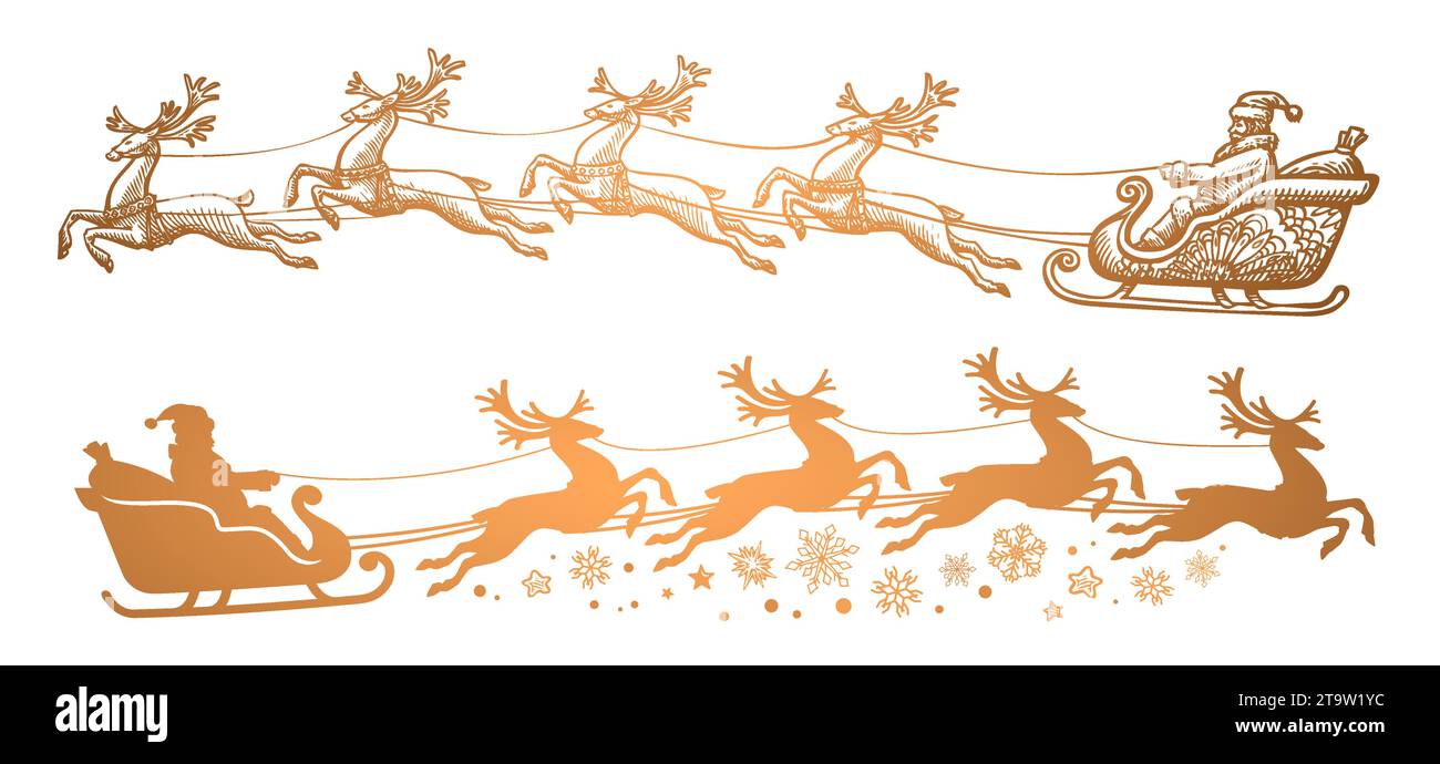 Babbo Natale su una slitta piena di regali con renne volanti. Decorazione buon Natale e felice anno nuovo Illustrazione Vettoriale